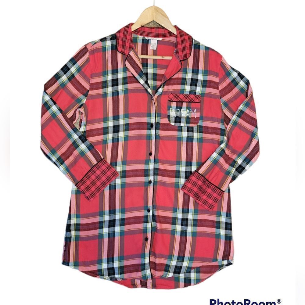 Victoria's Secret Red Plaid Longsleeve Button Down Night Shirt Gown PJ Bling S